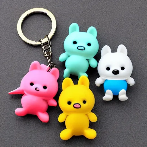 Image similar to some cute plastic toys that look like animal characters hanging from a backpack on a keychain, pastel colors