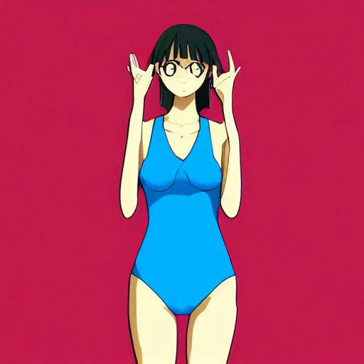 Prompt: a portrait of a girl wearing one-piece swimsuit, in the style of kyoto animation, Illustrator, in simple background, trending on pixiv