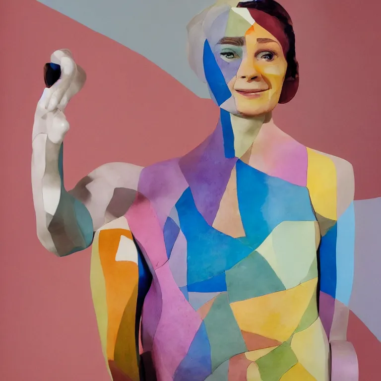 Prompt: beautiful studio photograph of colorful abstract geometric postmodern portrait sculpture of audrey hepburn smiling, made of watercolor - painted plaster on a pedestal by ron mueck and matthew barney and greg rutkowski, hysterical realism intense cinematic lighting shocking detail 8 k