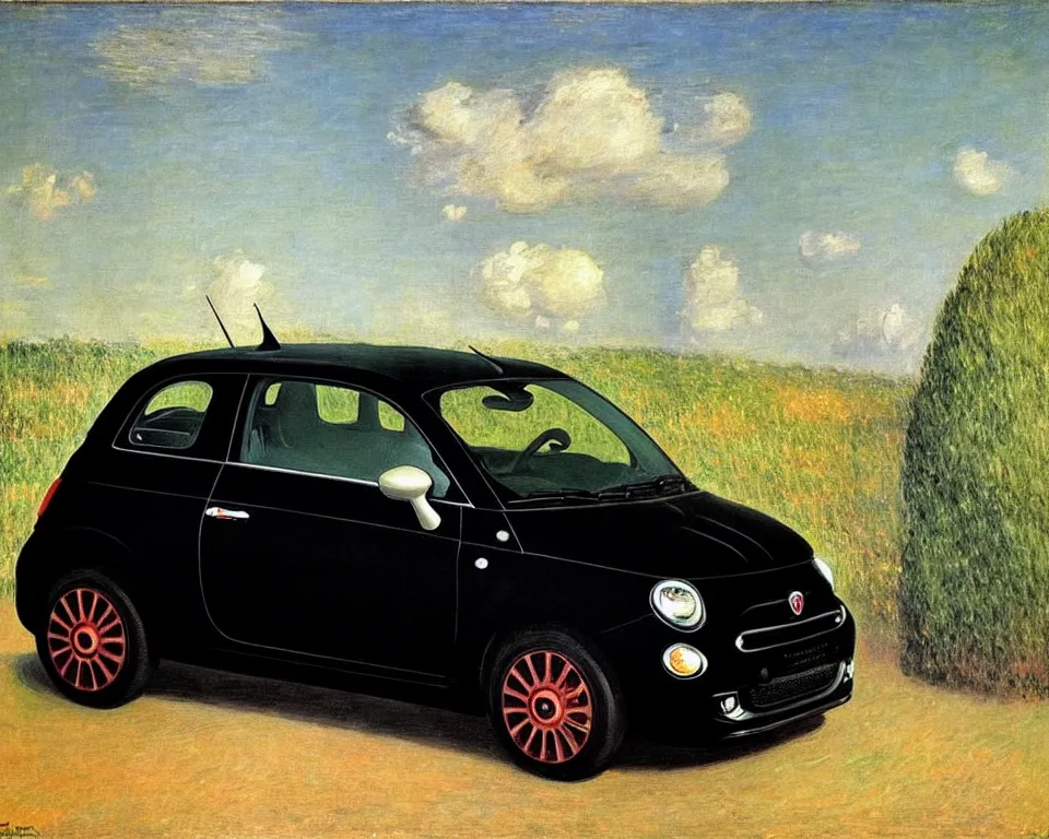 Image similar to achingly beautiful painting of a black 2 0 1 3 fiat 5 0 0 abarth by rene magritte, monet, and turner.