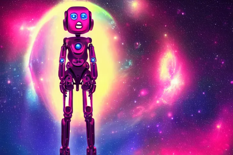 Image similar to a beautiful calm robot girl looking up at the galaxy, digital art, synthwave,