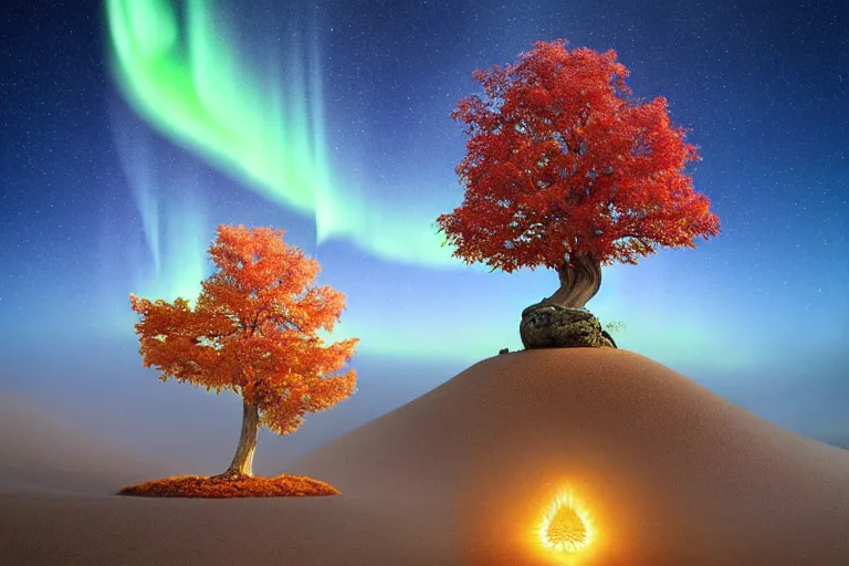 Image similar to caressed by the music of the spheres, sound pours forth like an aurora of gnostic time knowledge, celestial love touches every star, a zen raked sand garden with an autumn maple bonsai that is yggdrasil by jessica rossier