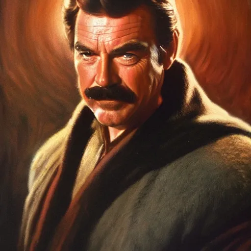 Prompt: ultra realistic portrait painting of tom selleck as obi - wan kenobi, art by frank frazetta, 4 k, ultra realistic, highly detailed, epic lighting