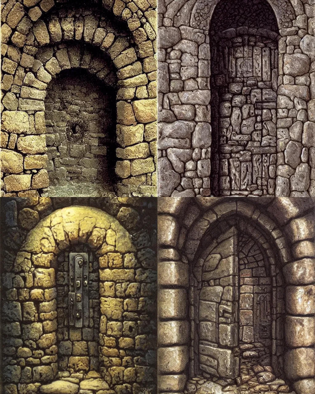 Prompt: Old stone door in a dungeon | rocks and metal | jeff easley |