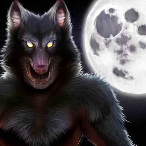 Prompt: male werewolf at night with black realistic fur, under the moon, ultra detail, anime style, 8 k