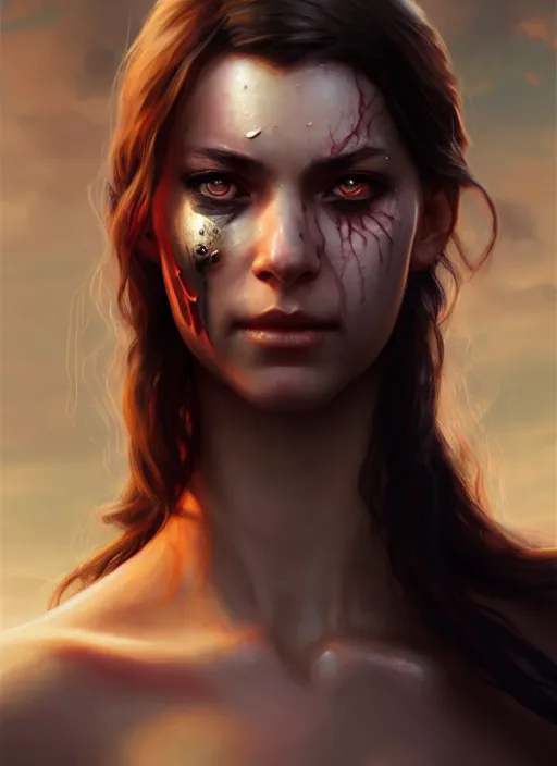 Prompt: a _ fantasy _ style _ portrait _ painting _ of female with scar under left eye, holy oil _ painting _ unreal _ 5 _ daz. _ rpg _ portrait _ extremely _ detailed _ artgerm _ greg _ rutkowski _ greg