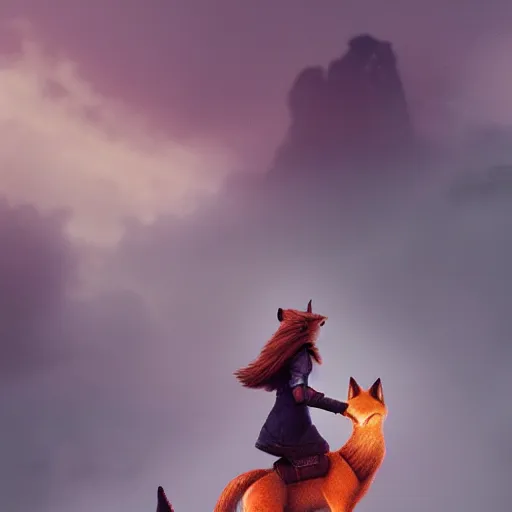 Image similar to photo of a girl riding a fox highly detailed, trending on artstation, intricate, cinematic composition, fog volume, octane