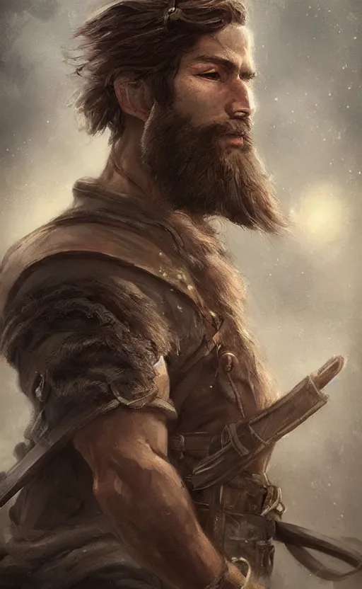 Image similar to Portrait of a rugged ranger, male, muscular, straight nose!!!, detailed face, handsome, simple clothing!!!!!, fantasy, medieval, highly detailed, cinematic lighting, digital art painting by jia ruan