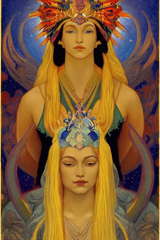 Image similar to queen of twilight with stars in her hair by Nicholas Roerich and Annie Swynnerton and Diego Rivera and jean delville, dramatic cinematic lighting , ornate headdress , flowing robes, sacred artifacts, lost civilizations, smooth, sharp focus, extremely detailed