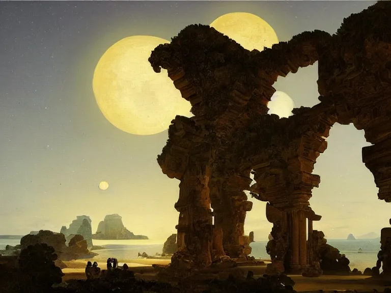 Image similar to an oil painting of a serene coastline on an alien planet at dawn with ancient temple ruin and bright moon in the sky by carl spitzweg and tuomas korpi. baroque elements, full-length view. baroque element. intricate artwork by caravaggio. Trending on artstation. 8k