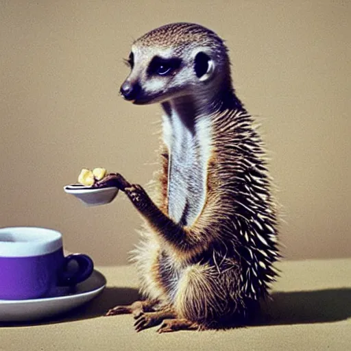 Image similar to meerkat drinking coffee, hedgehog drinking martini, cinematic, kodachrome