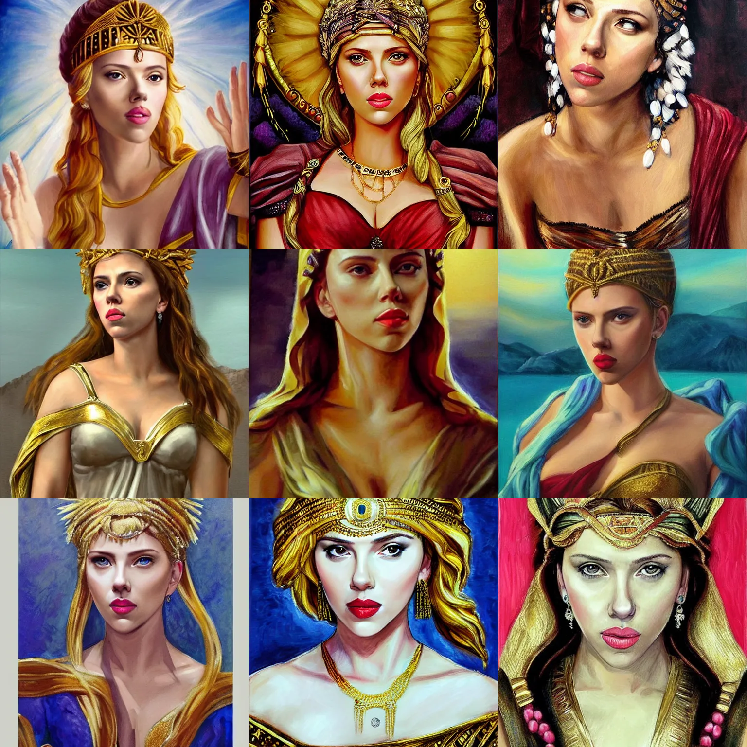Image similar to Scarlett Johansson as a beautiful Greek Godess, Painting,