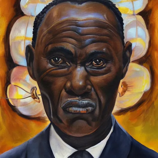 Image similar to a painting of a fatherly wide forehead, round face, XXL , loving, caring, generous, ever-present, humble, wise elder from Kenya in a suit by Wangechi Mutu . Fatherly/daddy, focused, loving, leader, relaxed,. ethereal lights, details, smooth, sharp focus, illustration, realistic, cinematic, artstation, award winning, rgb , unreal engine, octane render, cinematic light, macro, depth of field, blur, red light and clouds from the back, highly detailed epic cinematic concept art CG render made in Maya, Blender and Photoshop, octane render, excellent composition, dynamic dramatic cinematic lighting, aesthetic, very inspirational, arthouse.