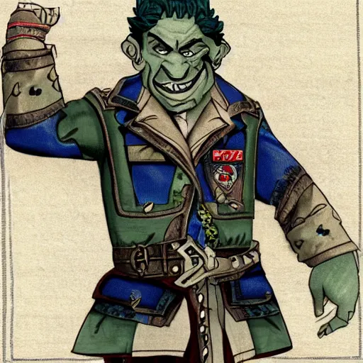 Image similar to a middle aged half - orc with thin fangs and blue grey intelligent eyes, a bemused smile. he wears a patchwork military uniform jacket with cut sleeves and many charms and baubles worked into the fabric, with an upturned collar. he has sleeve tattoos. 1 9 th century style