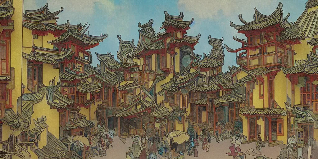 Image similar to a painting of abstract buildings like chinese ancient village houses by alphonse mucha and yves tanguy