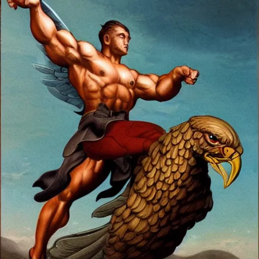 Prompt: a muscular heroic man riding a giant eagle