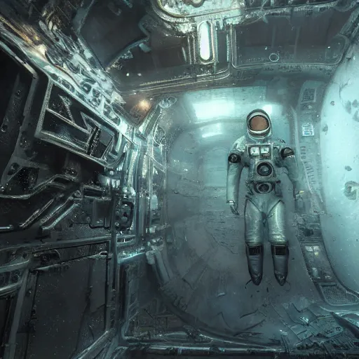 Prompt: concept art by craig mullins astronaut in futuristic dark and empty spaceship underwater. infrared complex and hyperdetailed technical suit. mandelbulb fractal. reflection and dispersion materials. rays and dispersion of light. volumetric light. 5 0 mm, f / 3 2. noise film photo. flash photography. unreal engine 4, octane render. interstellar movie art