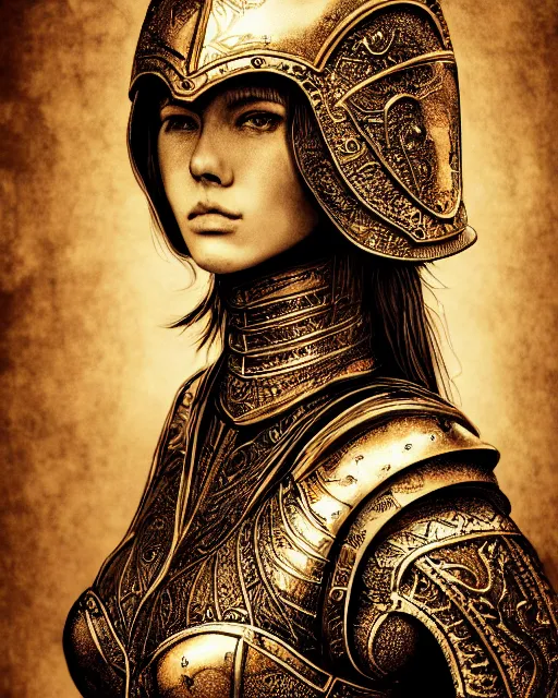 Prompt: ink painting portrait of woman in shining golden armor, high production value, intricate details, high resolution, hdr, high definition, masterpiece, realistic, ultrarealistic, highly detailed, hd, sharp focus, non blurry, sharp, smooth