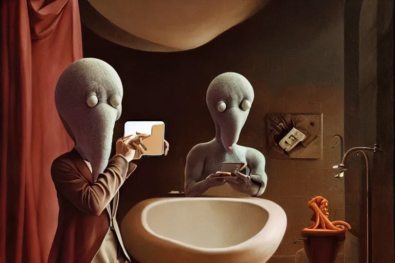 Image similar to hyperrealism aesthetic ridley scott and caravaggio and denis villeneuve style photography of a detailed giant squidward, siting on a detailed ultra huge toilet and scrolling his smartphone in surreal scene from detailed art house movie in style of alejandro jodorowsky and wes anderson