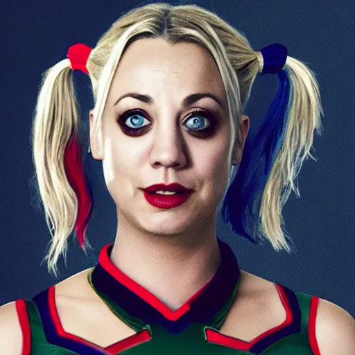 Image similar to A still of Kaley Cuoco as Harley Quinn