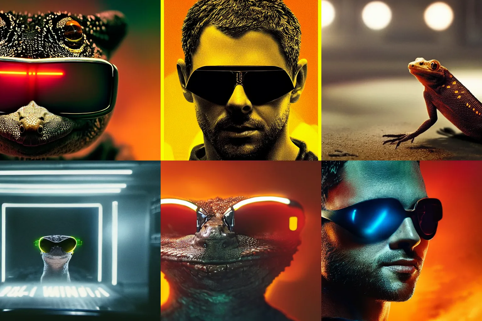 Prompt: still of a poster with a close up photo of a real gecko wearing sunglasses, black background, in the movie Blade Runner 2049, HD, neon lit, highly detailed, no text