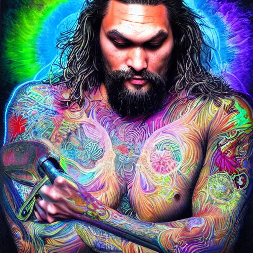 Prompt: portrait of jason momoa, hyper detailed masterpiece, neon floral pattern, jean giraud, digital art painting, darkwave goth aesthetic, psychedelic, artgerm, donato giancola and tom bagshaw