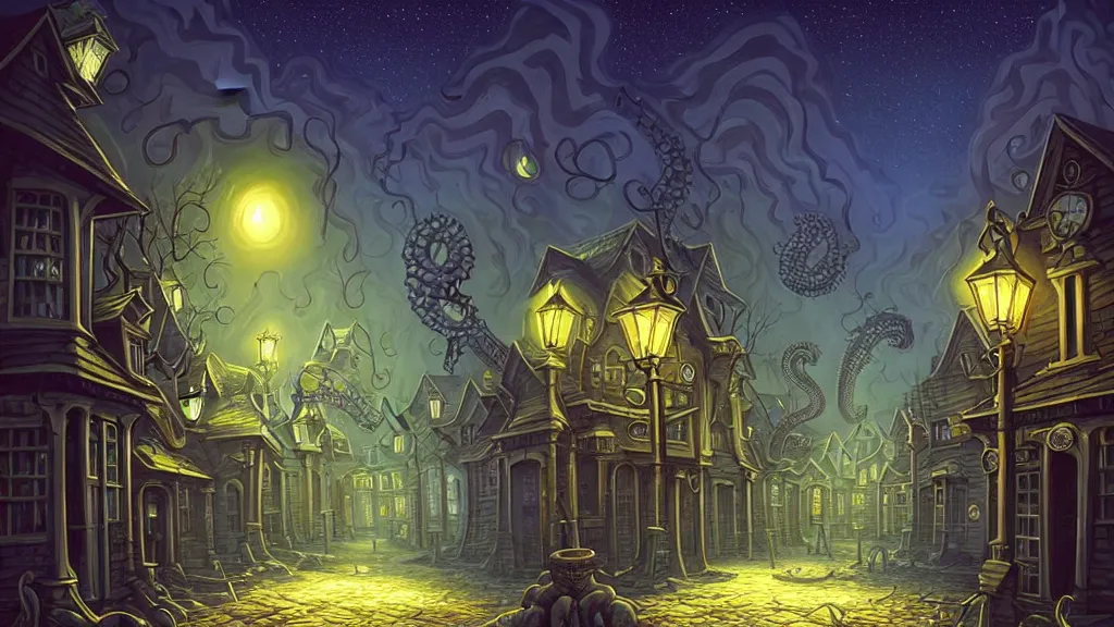 Image similar to empty lovecraftian town square surrounded by houses and inns. lovecraftian city at night by cyril rolando and naomi okubo and dan mumford and ricardo bofill. lovecraft. cobbled streets. oil lamp posts. lovecraftian statues. starry night sky. cthulhu.