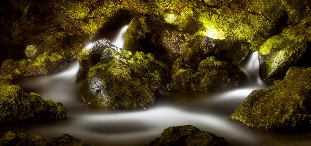 Image similar to beautiful view of the bottom of a rocky forest waterfall at night, glowing water with caustics, calm, dark atmosphere, dappled light, reflections, bubbles, refraction, symmetry, cinematic lighting, ultra detailed, sharp, ambient occlusion, bloom, raytracing, by dylan cole, sebastian meyer and jordan grimmer