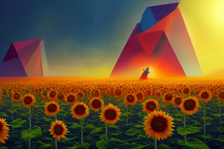 Prompt: A psychedelic triangular sunflower orthogonal, vibrant color scheme, highly detailed, in the style of romanticism, cinematic, artstation, Moebius, Greg rutkowski