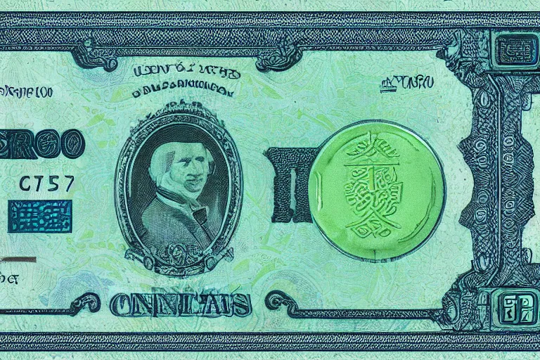 Prompt: currency design like a dollar bill and euro, greenish blue + iridescent, with the design of an alien dignitary printed on currency paper, strange alien currency symbols printed, highly detailed, realistic, octane render