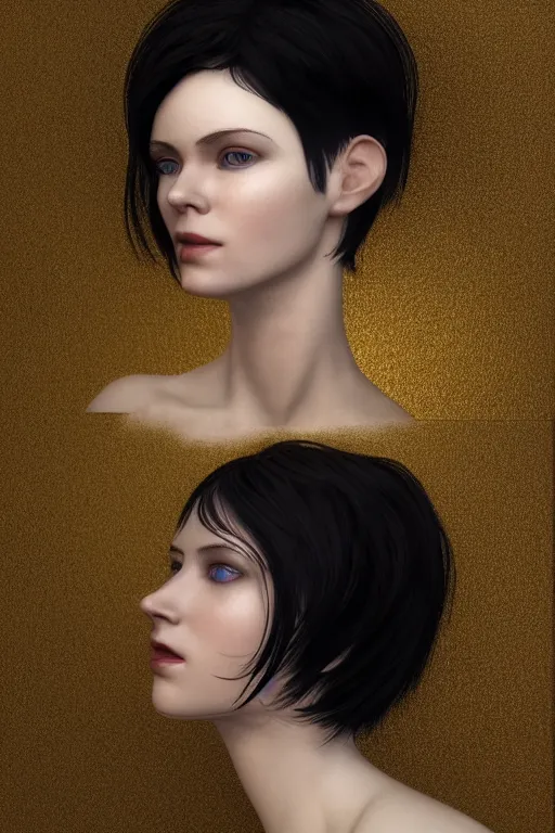 Image similar to Portrait of a beautiful pale skin Nordic female with short black hair, elegant, photorealistic, highly detailed, artstation, smooth, sharp focus, gold ornaments, neon lighting, sci-fi, art by Klimt.