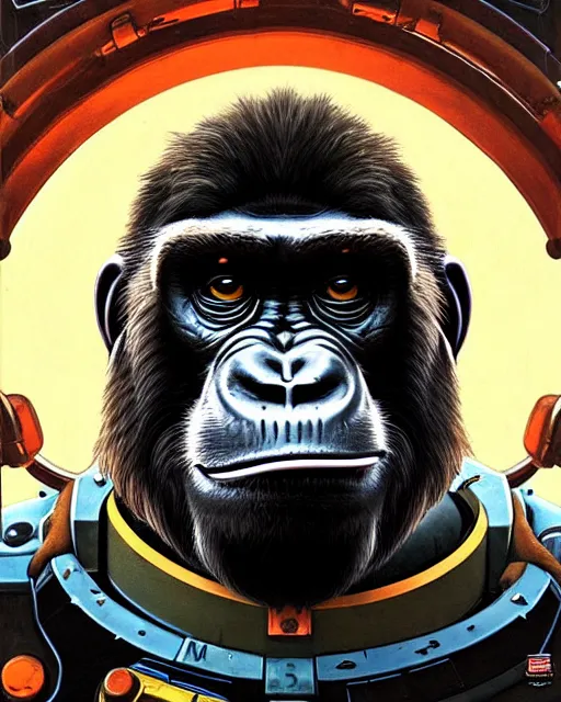 Prompt: winston the ape from overwatch, character portrait, portrait, close up, concept art, intricate details, highly detailed, vintage sci - fi poster, retro future, in the style of chris foss, rodger dean, moebius, michael whelan, and gustave dore