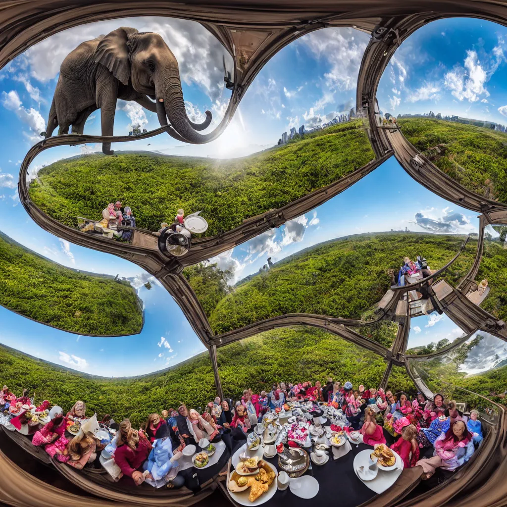 Image similar to elephant tea party, high tea, on a bridge, fulldome, 1 8 0 degree fisheye, 4 k,