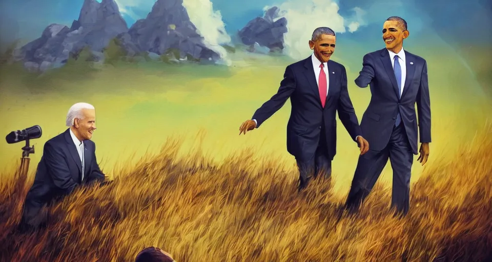 Image similar to a painting of Obama and Joe biden on a hill, a screenshot by Zack Snyder, behance contest winner, afrofuturism, concert poster, behance hd, movie poster,