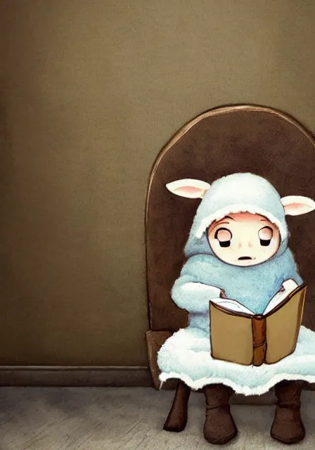 Image similar to beautiful little boy wearing sheep suit reading a book while sitting on chair, gray, blue, green and brown pallet color. made in abyss art style, inspired in kris from deltarrune, cute detailed artwork, anatomically correct, soft details, ilya kuvshinov, reflection, perfect composition, mobile wallpaper, illumination