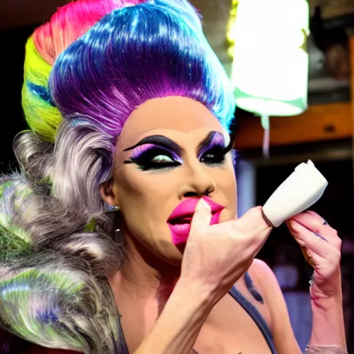 Prompt: drag queen sniffing salt off the floor, tattoo