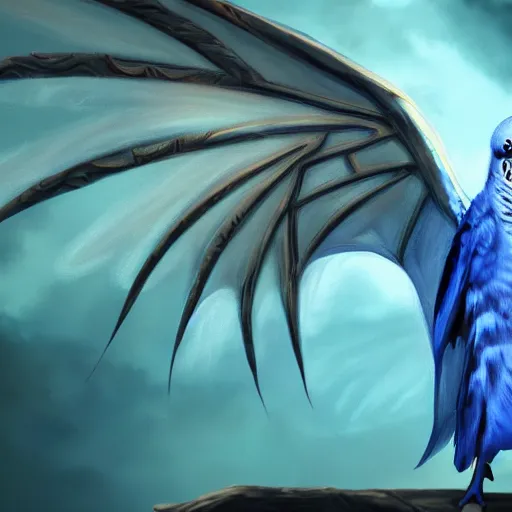 Image similar to an oil painting of a blue budgie with dragon wings, hd, hdr, ue 5, ue 6, unreal engine 5, cinematic 4 k wallpaper, 8 k, ultra detailed, high resolution, artstation, award winning