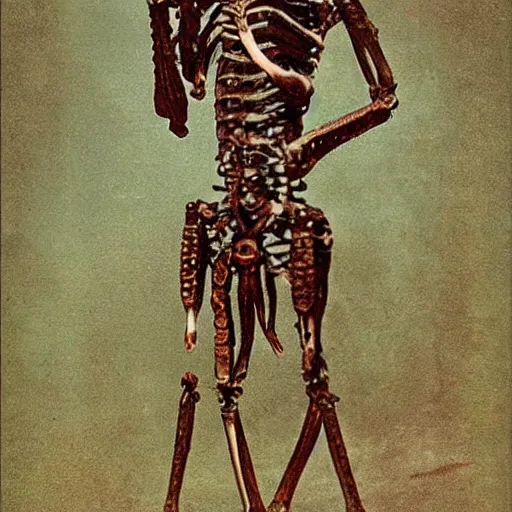 Prompt: first 6 legged intelligent humanoid species is discovered, 1905, vintage photograph, restored colors