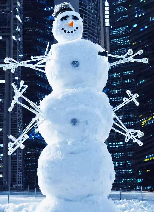 Image similar to photo of a cyber snowman, cyberpunk, made of snow and metal, interesting angle, sharp focus, 8 k high definition, insanely detailed, intricate, intelligent, art by kazuya takahashi, fenghua zhong, sangsoo jeong, kevin hou