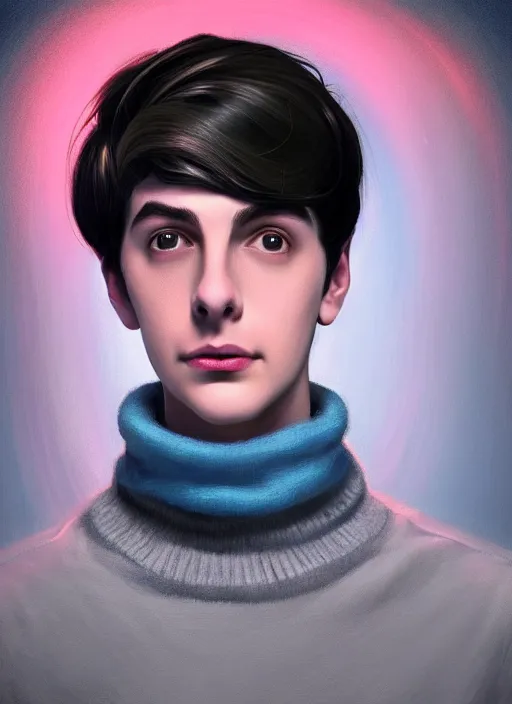 Image similar to portrait of teenage jughead jones wearing a light grey crown, crown, blue turtleneck, 1 9 5 0 s, closed eyes, photorealistic, black hair, glowing lighting, intricate, elegant, glowing lights, highly detailed, digital painting, artstation, concept art, smooth, sharp focus, illustration, art by wlop, mars ravelo and greg rutkowski