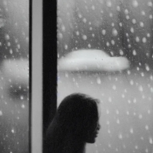 Prompt: analog photograph portrait of a beautiful woman looking out the window, heavy rainfall, drops on the glass, greyscale, film grain, depth of field, bokeh