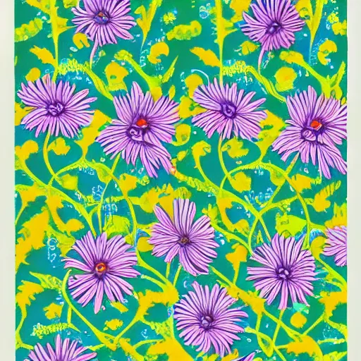 Image similar to highly detailed daisy pattern growing out of books, in the style of old botanical illustrations, matisse, lisa frank, and japanese art, 4 k