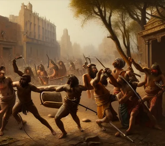 Image similar to an epic matte painting of podcasters, podcasters and YouTube streamers and TikTok stars fighting in the streets of an ancient during the bronze age collapse, soft lighting, very coherent, oil on canvas in the style of John grimshaw,