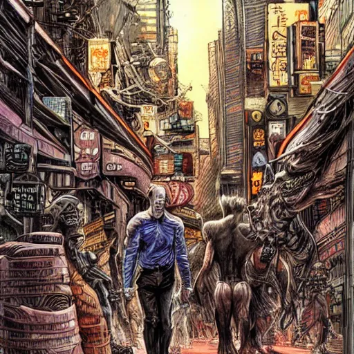 Image similar to sci - fi monster hunters, walking in shinjuku, hyperdetailed, art by liam sharp