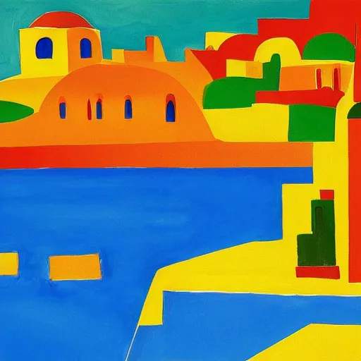 Image similar to cubism art print painting of Santorini, by Andre Derain, gouache painting, high definition, digital art,