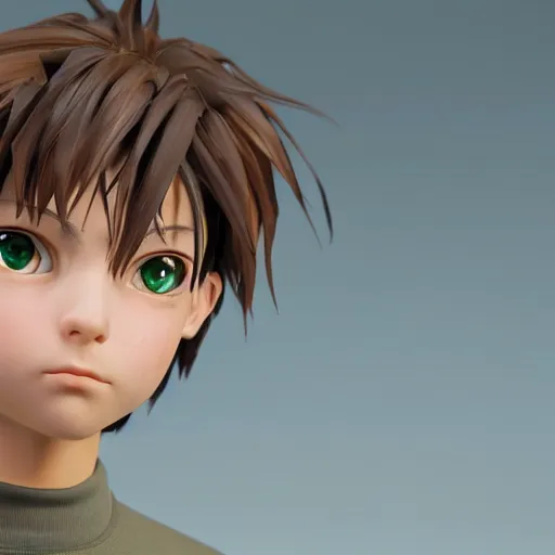 Image similar to a brown haired green eyes boy in a dynamic pose. character design. gesture drawing. line of action. official art, unreal engine 5, unreal engine. tetsuya nomura. medium shot. ray tracing hdr. 8 k. uhd. sharp focus. highly detailed. masterpiece. anime render. cinematic lighting. lifelike. symmetrical face. beautiful face