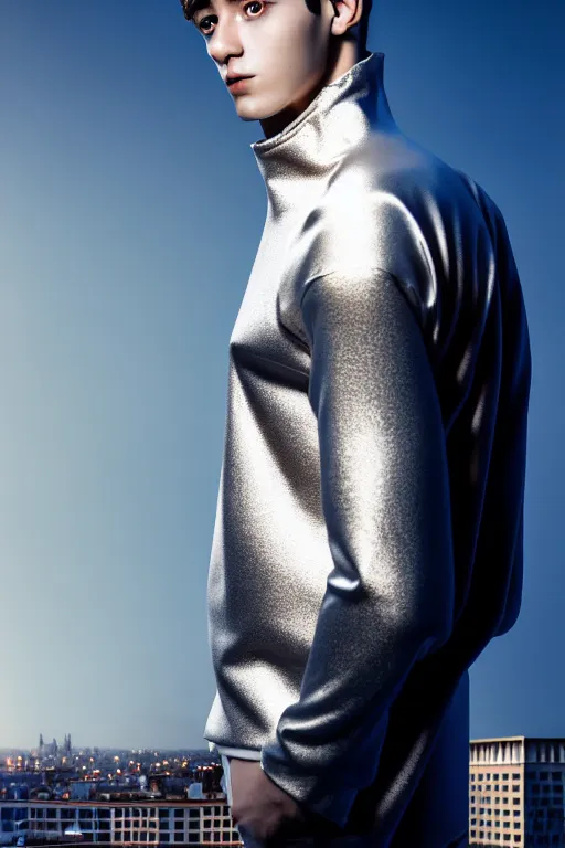 Image similar to un ultra high definition studio quality photographic art portrait of a young man standing on the rooftop of a british apartment building wearing soft padded silver pearlescent clothing. three point light. extremely detailed. golden ratio, ray tracing, volumetric light, shallow depth of field. set dressed.