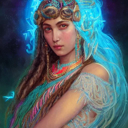 Image similar to artstation, intricate detail, hyper detail, portrait by gaston bussiere, tan skin, lady of elche, egyptian sumerian features, techno mystic goddess princess intergalactica inanna with aqua neon rapunzel dreadlocks,