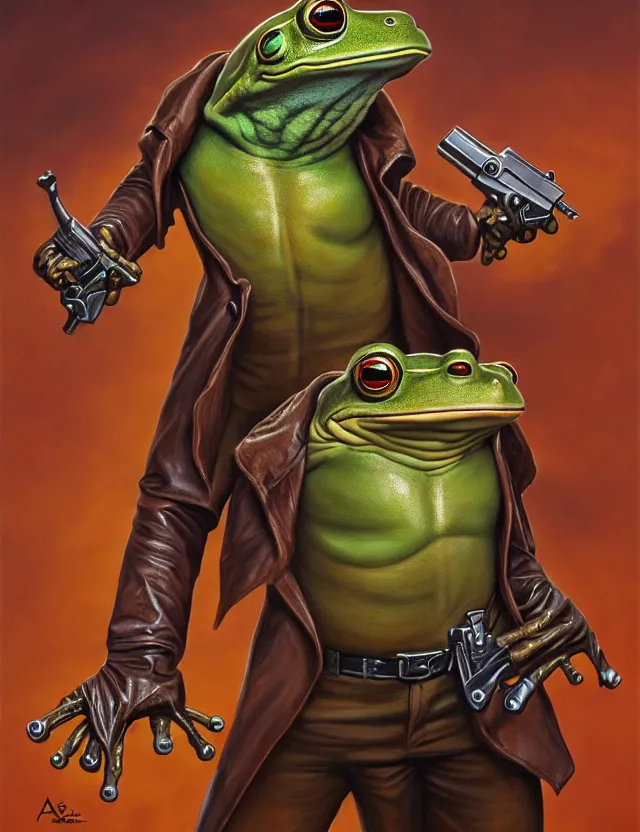 Prompt: anthropomorphic bipedal frog that is wearing a brown leather trenchcoat, and dual wielding revolver pistols, as a matte oil painting and d & d character art, by alex grey, retrofuturistic, science fantasy, standing, fullbody, concept art, award - winning, extremely detailed, sharp focus