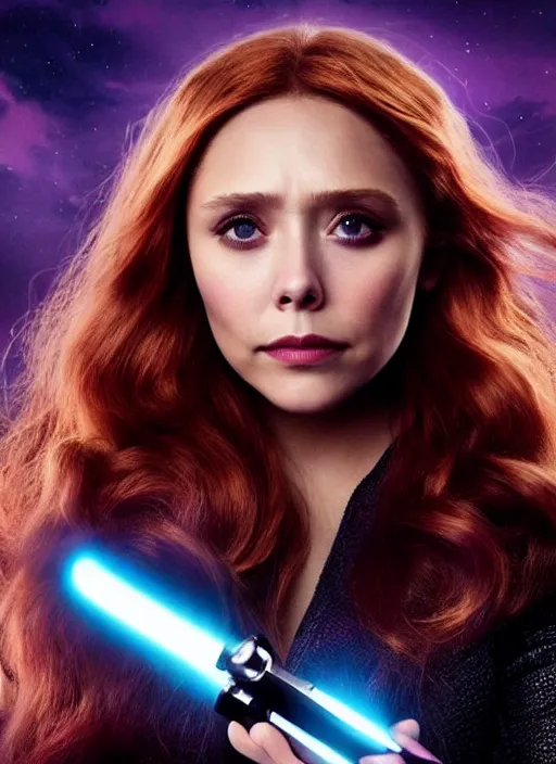 Prompt: elizabeth olsen portraying a beautiful mara jade from star wars legends, in a black suit holding a purple lightsaber, movie, hyper realistic, hollywood promotional image, imax, 8 k